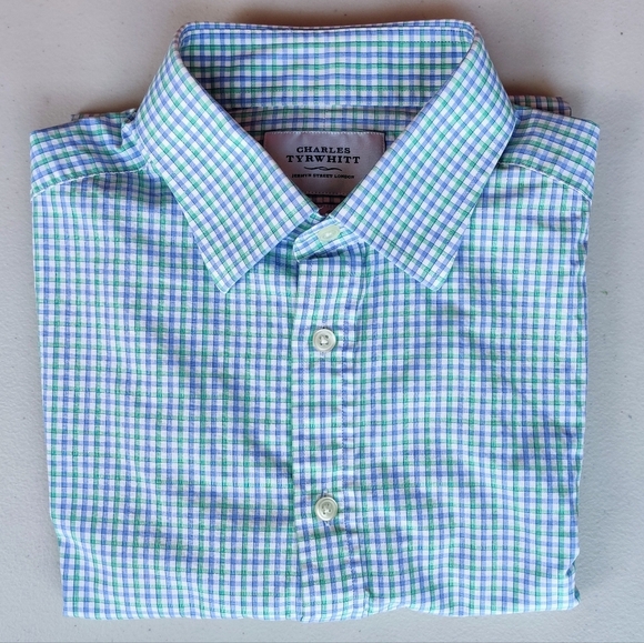 CHARLES TYRWHITT Button Down Shirt 16/33" Slim Check Long Sleeve Green Blue Mens - Picture 3 of 7